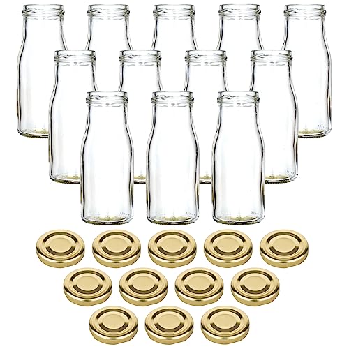 gouveo 12er Set Glasflasche 150 ml Smoothie mit Schraub-Deckel goldfarben - Kleine Saftflasche 0,15 l mit TO43 Verschluss - Leere Flasche ideal zum Befüllen mit Saft und Smoothies von gouveo