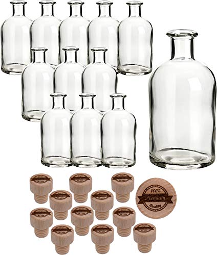 gouveo 12er Set Glasflasche 250 ml Apotheker mit Holzgriffkorken “Premium Quality” - Leere Flasche mit Korken zum Befüllen - Kleine Apothekerflaschen, Likörflaschen, Ölflaschen von gouveo