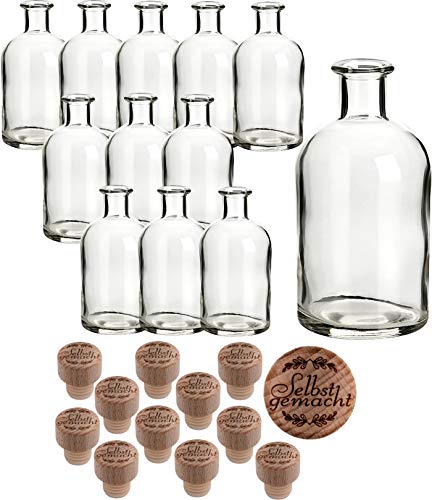 gouveo 12er Set Glasflasche 250 ml Apotheker mit Holzgriffkorken “Selbst gemacht I” - Leere Flasche mit Korken zum Befüllen - Kleine Apothekerflaschen, Likörflaschen, Ölflaschen von gouveo