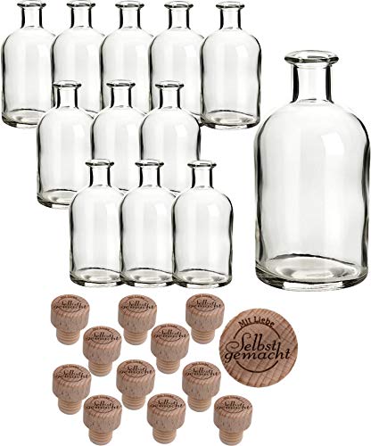 gouveo 12er Set Glasflasche 250 ml Apotheker mit Holzgriffkorken “Selbst gemacht II” - Leere Flasche mit Korken zum Befüllen - Kleine Apothekerflaschen, Likörflaschen, Ölflaschen von gouveo