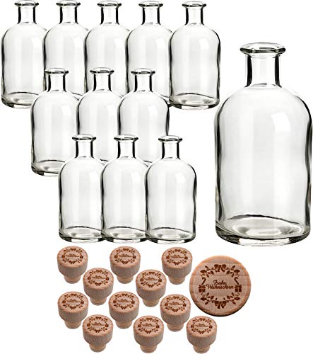 gouveo 12er Set Glasflasche 250 ml Apotheker mit graviertem Korken Frohe Weihnachten I - Leere Korkenflasche 0,25 l zum Befüllen - Apothekerflasche für Weihnachten (AFR250HGKX-MAS7) von gouveo
