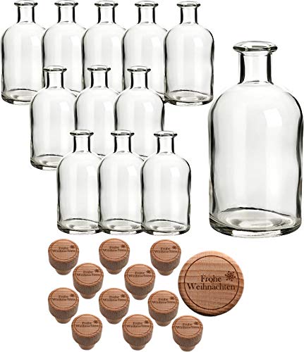 gouveo 12er Set Glasflasche 250 ml Apotheker mit graviertem Korken Frohe Weihnachten II - Leere Korkenflasche 0,25 l zum Befüllen - Apothekerflasche für Weihnachten (AFR250HGKX-MAS8) von gouveo