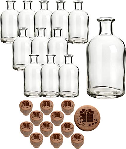 gouveo 12er Set Glasflasche 250 ml Apotheker mit graviertem Korken Geschenk - Leere Korkenflasche 0,25 l zum Befüllen - Apothekerflasche für Weihnachten (AFR250HGKX-MAS1) von gouveo