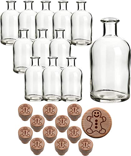 gouveo 12er Set Glasflasche 250 ml Apotheker mit graviertem Korken Lebkuchenmann - Leere Korkenflasche 0,25 l zum Befüllen - Apothekerflasche für Weihnachten (AFR250HGKX-MAS3) von gouveo