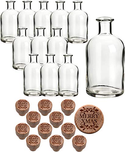 gouveo 12er Set Glasflasche 250 ml Apotheker mit graviertem Korken Merry Xmas - Leere Korkenflasche 0,25 l zum Befüllen - Apothekerflasche für Weihnachten (AFR250HGKX-MAS6) von gouveo