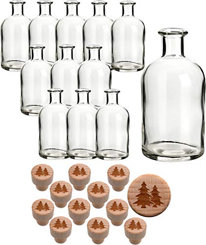 gouveo 12er Set Glasflasche 250 ml Apotheker mit graviertem Korken Tanne - Leere Korkenflasche 0,25 l zum Befüllen - Apothekerflasche für Weihnachten (AFR250HGKX-MAS2) von gouveo