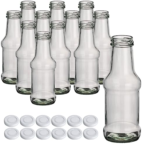 gouveo 12er Set Glasflasche 250 ml Barbecue mit Schraub-Deckel TO38 weiß - Kleine Glasflasche 0,25 l mit Schraubverschluss - Leere Barbecue-Flasche zum Befüllen mit Ketchup, Grillsauce, Saft von gouveo