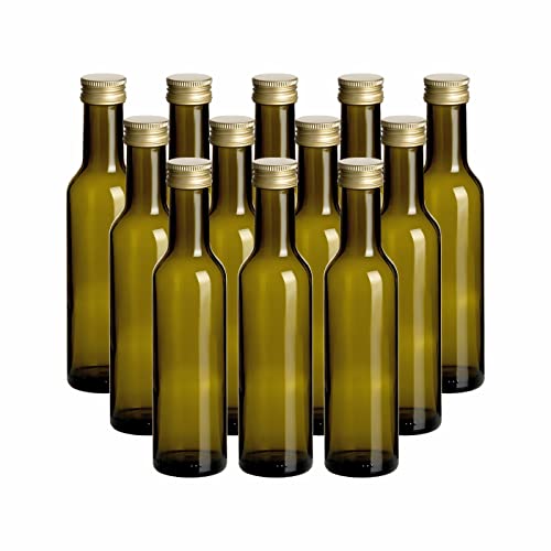 gouveo 12er Set Glasflasche 250 ml Caesar Antik mit Deckel goldfarben - Kleine Flasche 0,25 l mit Schraubverschluss für Likör, Schnaps, Öl, Essig von gouveo