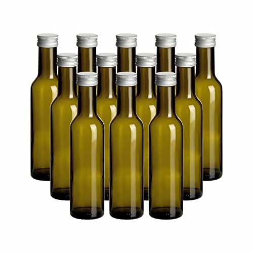 gouveo 12er Set Glasflasche 250 ml Caesar Antik mit Deckel silberfarben - Kleine Flasche 0,25 l mit Schraubverschluss für Likör, Schnaps, Öl, Essig von gouveo