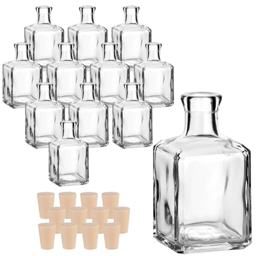 gouveo 12er Set Glasflasche 250 ml Cube mit Spitzkorken (PE) - Schöne Flasche 0,25 l zum Befüllen - Eckiges Fläschchen für Likör, Gin, Schnaps, Öl, Vase von gouveo