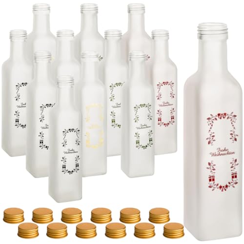 gouveo 12er Set Glasflasche 250 ml Maraska gefrostet mit Frohe Weihnachten in 4 Farben mit Gold-Deckel - Leere Flaschen mit Schraubverschluss für Weihnachten zum Befüllen und Verschenken gouveo 12er Set Glasflasche 250 ml Maraska gefrostet mit Frohe Weihnachten in 4 Farben mit Gold-Deckel - Leere Flaschen mit Schraubverschluss für Weihnachten zum Befüllen und Verschenken von gouveo