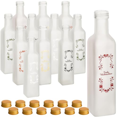 gouveo 12er Set Glasflasche 250 ml Maraska gefrostet mit Frohe Weihnachten in sechs Farben mit Gold-Deckel - Leere Flaschen mit Schraubverschluss für Weihnachten zum Befüllen und Verschenken gouveo 12er Set Glasflasche 250 ml Maraska gefrostet mit Frohe Weihnachten in sechs Farben mit Gold-Deckel - Leere Flaschen mit Schraubverschluss für Weihnachten zum Befüllen und Verschenken von gouveo