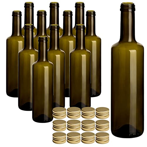 gouveo 12er Set Glasflasche 500 ml Caesar Antik mit Deckel goldfarben - Kleine Flasche 0,5 l mit Schraubverschluss für Likör, Schnaps, Öl, Essig von gouveo