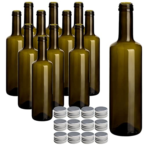gouveo 12er Set Glasflasche 500 ml Caesar Antik mit Deckel silberfarben - Kleine Flasche 0,5 l mit Schraubverschluss für Likör, Schnaps, Öl, Essig von gouveo