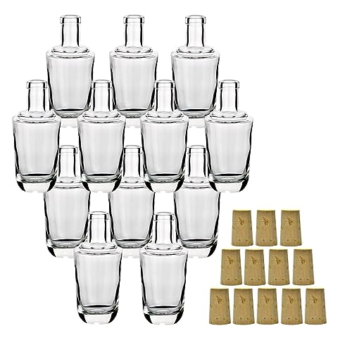gouveo 12er Set Glasflaschen 200 ml “Alchimia” mit Spitzkorken - Kleine Flaschen aus Glas mit Korken - Glasflasche mit Korkverschluss zum Befüllen von Likör, Schnaps, Öl von gouveo