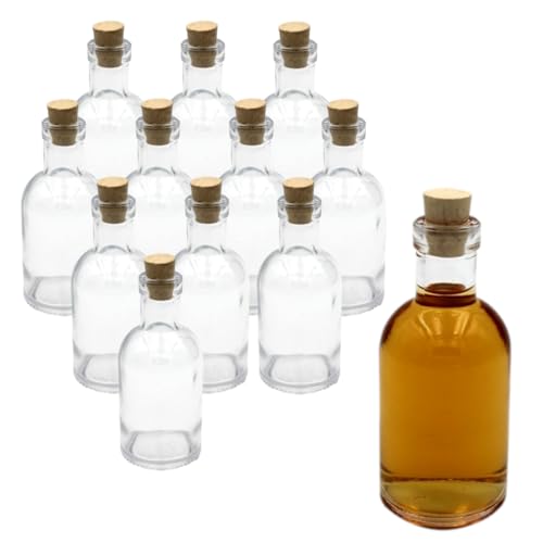 gouveo 12er Set Glasflaschen 100 ml Klassik mit Korken (SK) - Kleine Flasche 0,1 l aus Glas zum Befüllen - Leere Flasche für Likör, Schnaps, Gin, Öl, Essig von gouveo