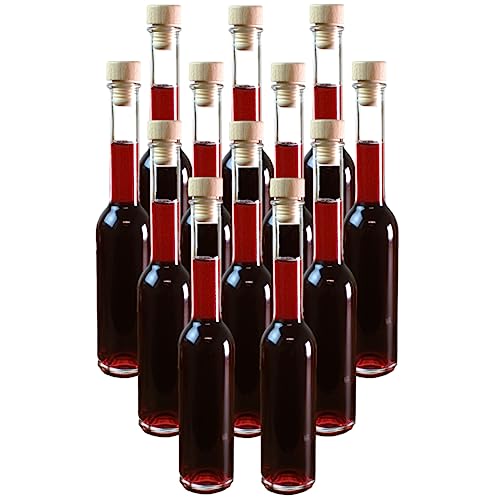 gouveo 12er Set Glasflaschen 200 ml Sinfonie mit Holzgriffkorken - Kleine Flasche 0,2 l mit Korkverschluss - Leere Glasflasche zum Befüllen mit Likör, Schnaps, Öl, Essig von gouveo