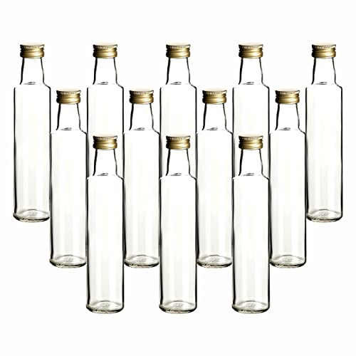 gouveo 12er Set Glasflaschen 250 ml Dorica transparent mit Schraubverschluss goldfarben - Kleine Flasche 0,25 l zum Befüllen - Glasflasche für Likör, Schnaps, Öl, Essig von gouveo