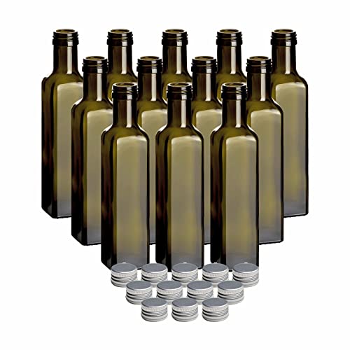 gouveo 12er Set Glasflaschen 250 ml Maraska Antik mit Schraubverschluss silberfarben - Leere Flasche 0,25 l zum Befüllen - Glasflasche für Likör, Schnaps, Öl, Essig von gouveo