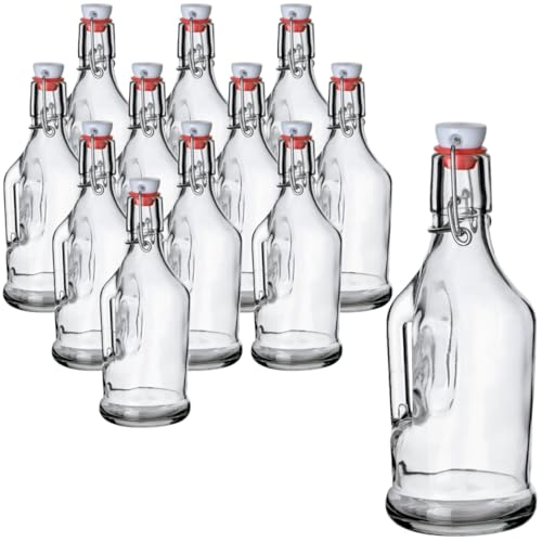 gouveo 12er Set Glasflaschen 350 ml mit Bügelverschluss und Henkel - Leere Bügelflaschen zum Befüllen und Verschenken - Ideal für Likör, Sirup, Saft, Smoothie, Öl, Essig (BF350H) von gouveo