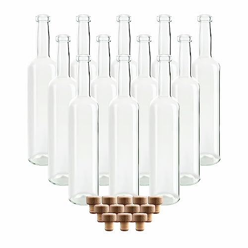 gouveo 12er Set Glasflaschen 500 ml Bordeaux transparent mit Holzgriffkorken - Leere Flasche 0,5 l zum Befüllen - Glasflasche für Likör, Schnaps, Öl, Essig von gouveo