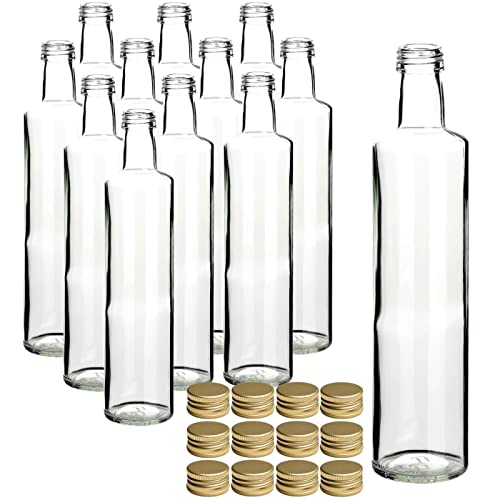 gouveo 12er Set Glasflaschen 500 ml Dorica transparent mit Schraubverschluss goldfarben - Leere Flasche 0,5 l zum Befüllen - Glasflasche für Likör, Schnaps, Öl, Essig von gouveo