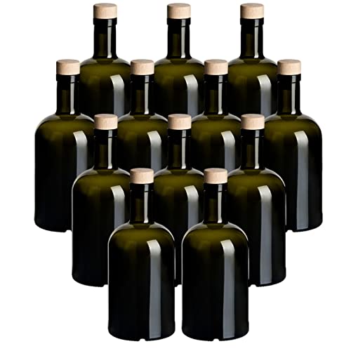 gouveo 12er Set Glasflaschen 500 ml Klassik Antik mit Holzgriff-Korken - Leere Flasche 0,5 l aus Glas zum Befüllen - Glasflasche für Likör, Schnaps, Gin, Öl, Essig von gouveo