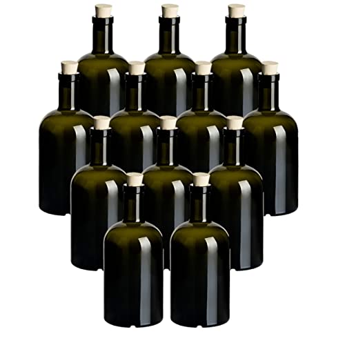 gouveo 12er Set Glasflaschen 500 ml Klassik Antik mit Spitz-Korken - Leere Flasche 0,5 l aus Glas zum Befüllen - Glasflasche für Likör, Schnaps, Gin, Öl, Essig von gouveo