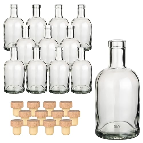 gouveo 12er Set Glasflaschen 500 ml Klassik mit Holzgriff-Korken - Leere Flasche 0,5 l aus Glas zum Befüllen - Glasflasche für Likör, Schnaps, Gin, Öl, Essig von gouveo