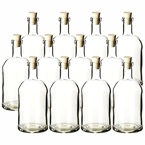 gouveo 12er Set Glasflaschen 500 ml Klassik mit Spitz-Korken - Leere Flasche 0,5 l aus Glas zum Befüllen - Glasflasche für Likör, Schnaps, Gin, Öl, Essig von gouveo