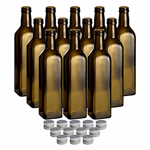gouveo 12er Set Glasflaschen 500 ml Maraska -Antik- mit Schraubverschluss silberfarben - Kleine Flasche 0,5 l zum Befüllen - Likörflasche, Ölflasche, Essigflasche von gouveo