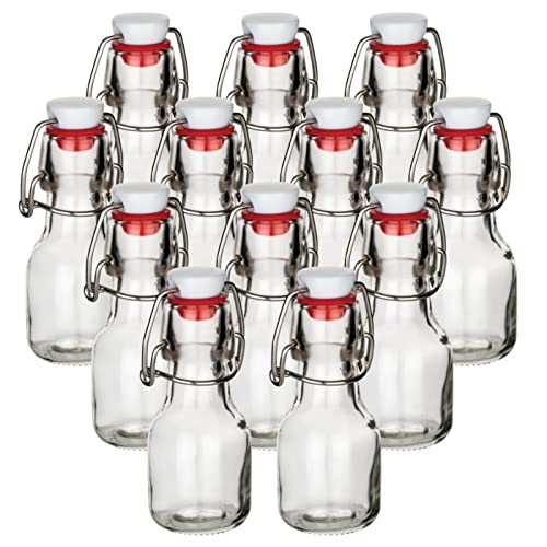 gouveo 12er Set Glasflaschen 60 ml rund mit Bügelverschluss - Mini Bügelflasche 0,06 l zum Befüllen - Mini-Flasche für Likör, Schnaps, Shots, Hochzeit-Dekoration (BFR060) von gouveo