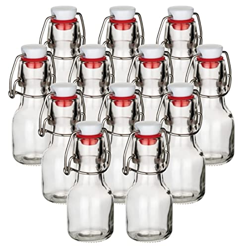 gouveo 12er Set Glasflaschen 60 ml rund mit Bügelverschluss rot - Mini Bügelflasche 0,06 l zum Befüllen - Mini-Flasche für Likör, Schnaps, Shots, Hochzeit-Dekoration von gouveo