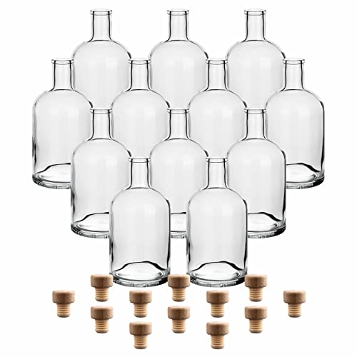 gouveo 12er Set Glasflaschen 700 ml Klassik mit Holzgriff-Korken - Leere Flasche 0,7 l aus Glas zum Befüllen - Hochwertige Glasflasche für Gin, Whisky, Likör, Schnaps von gouveo