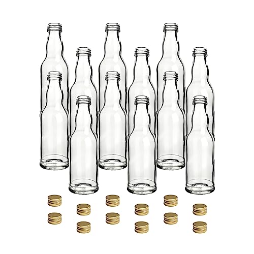 gouveo 12er Set Glasflasche 200 ml Kropfhals mit Schraubverschluss goldfarben - Kleine Flaschen für Likör, Schnaps, Saft, Essig und Öl - Flaschen-Set zum Befüllen von gouveo
