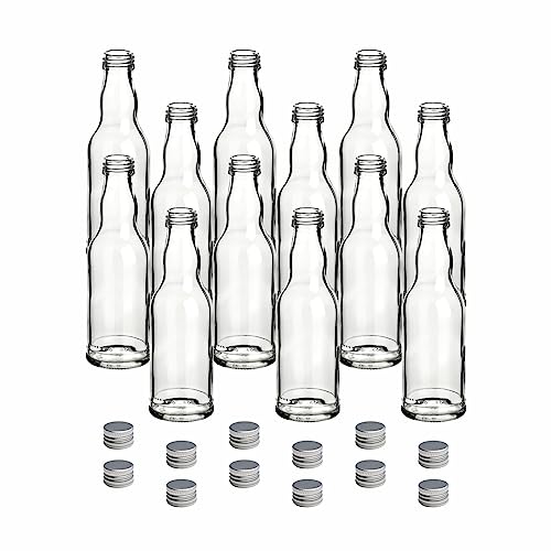 gouveo 12er Set Glasflasche 200 ml Kropfhals mit Schraubverschluss silberfarben - Kleine Flaschen für Likör, Schnaps, Saft, Essig und Öl - Flaschen-Set zum Befüllen von gouveo