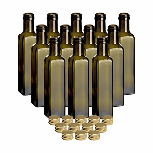 gouveo 12er Set Glasflasche 250 ml Maraska -Antik- mit Schraubverschluss goldfarben - Leere Flasche 0,25 l zum Befüllen - Glasflasche für Likör, Schnaps, Essig, Öl von gouveo