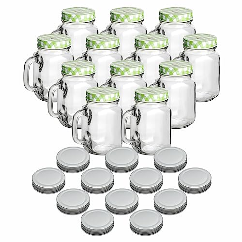 gouveo 12er Set Trinkgläser 450 ml mit Deckel grün, silberfarben - Trinkglas mit Henkel und Drehverschluss - Henkelgläser mit Deckel - Cocktail-Glas für Garten und Balkon von gouveo