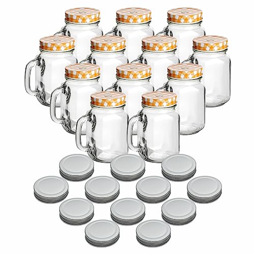 gouveo 12er Set Trinkgläser 450 ml mit Deckel orange, silberfarben - Trinkglas mit Henkel und Drehverschluss - Henkelgläser mit Deckel - Cocktail-Glas für Garten und Balkon von gouveo