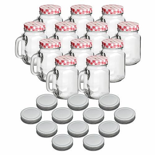 gouveo 12er Set Trinkgläser 450 ml mit Deckel rot, silberfarben - Trinkglas mit Henkel und Drehverschluss - Henkelgläser mit Deckel - Cocktail-Glas für Garten und Balkon von gouveo