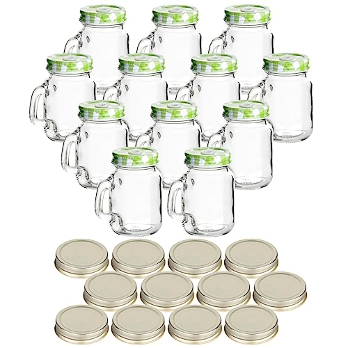 gouveo 12er Set Trinkgläser 110 ml mit Deckel grün, silberfarben - Kleines Trinkglas mit Henkel und Schraubverschluss - Leere Henkelgläser für Kinder, Dessert, Cocktails, Party gouveo 12er Set Trinkgläser 110 ml mit Deckel grün, silberfarben - Kleines Trinkglas mit Henkel und Schraubverschluss - Leere Henkelgläser für Kinder, Dessert, Cocktails, Party von gouveo