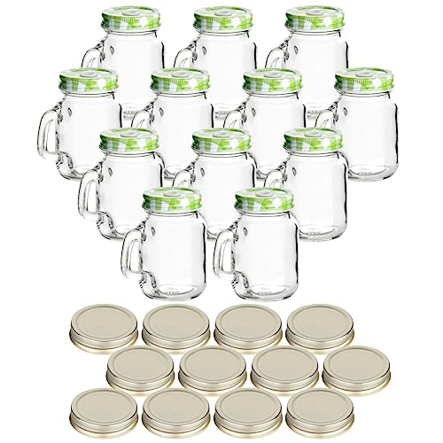 gouveo 12er Set Trinkgläser 110 ml mit Deckel grün, silberfarben - Kleines Trinkglas mit Henkel und Schraubverschluss - Leere Henkelgläser für Kinder - Cocktail-Glas für Garten, Balkon, Party von gouveo