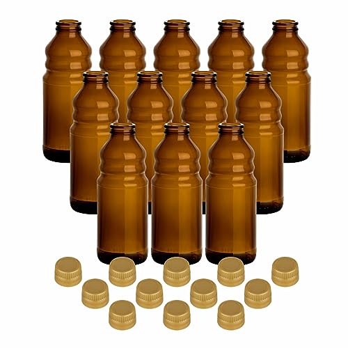 gouveo 12er Set Rical-Flasche 250 ml mit Originalitätssicherung und Ausgießer gold - Braune Glasflasche 0,25 l mit Schraubverschluss - Leere Braunglasflasche für hochwertige Speiseöle von gouveo
