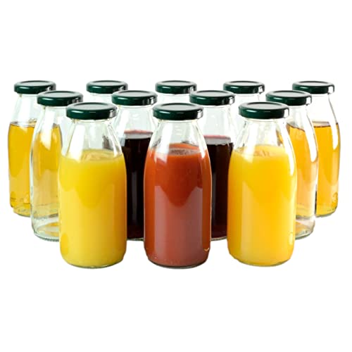 gouveo 12er Set Saftflasche 250 ml mit Schraub-Deckel grün - Kleine Glasflasche 0,25 l mit TO43 Verschluss - Leere Flasche zum Befüllen für Küche und Haushalt von gouveo