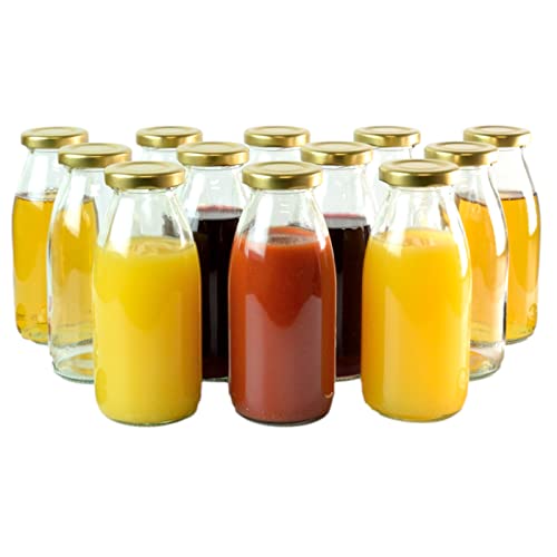 gouveo 12er Set Saftflasche 250 ml mit Schraubdeckel goldfarben - Glasflasche 0,25 l mit TO43 Verschluss - Leere Flasche für Saft, Smoothie, Limonade von gouveo