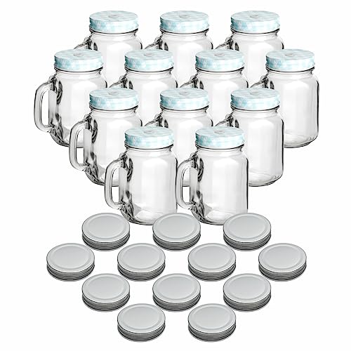 gouveo 12er Set Trinkgläser 450 ml mit Deckel blau, silberfarben - Trinkglas mit Henkel und Drehverschluss - Henkelgläser mit Deckel - Cocktail-Glas für Garten und Balkon von gouveo