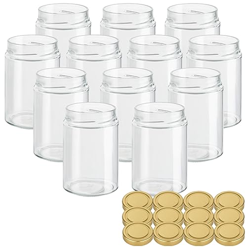 gouveo 12er Set Vorratsgläser 500 ml mit Schraubdeckel goldfarben (Deep) - Einmachgläser für Overnight Oats - Mason Jar für Salat, Chutney, Joghurt, Marmelade, Babynahrung (EGKD500G) von gouveo