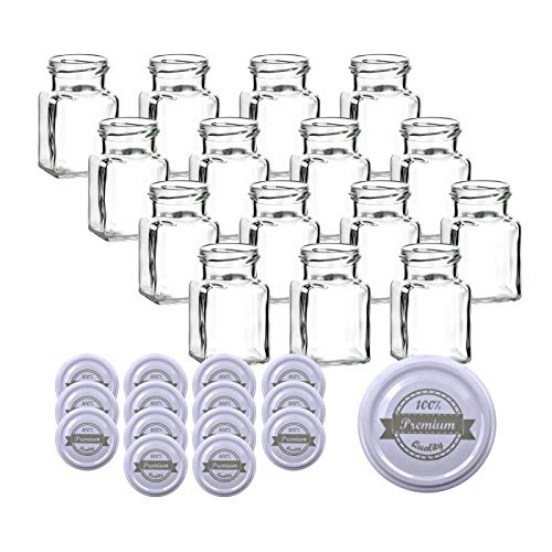 gouveo 15er Set Einmachgläser 150 ml eckig mit Motiv- Deckel weiß Premium Quality - Kleine Vorratsgläser mit Schraubverschluss - Marmeladengläser, Einkochgläser, Einweckgläser von gouveo