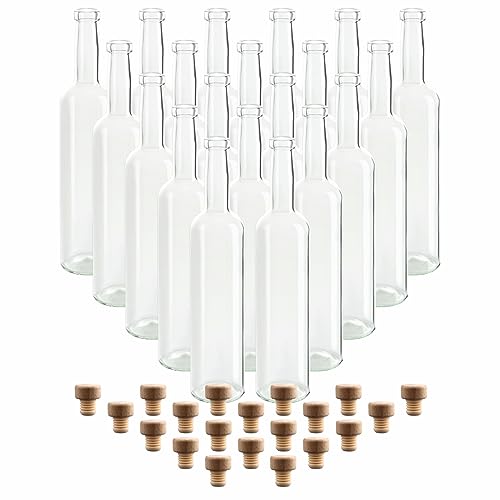 gouveo 20er Set Glasflaschen 500 ml Bordeaux transparent mit Holzgriffkorken - Leere Flasche 0,5 l zum Befüllen - Glasflasche für Likör, Schnaps, Öl, Essig von gouveo