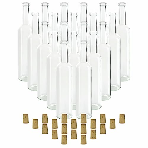 gouveo 20er Set Glasflaschen 500 ml Bordeaux transparent mit Korken (SK) - Leere Flasche 0,5 l zum Befüllen - Glasflasche für Likör, Schnaps, Öl, Essig von gouveo
